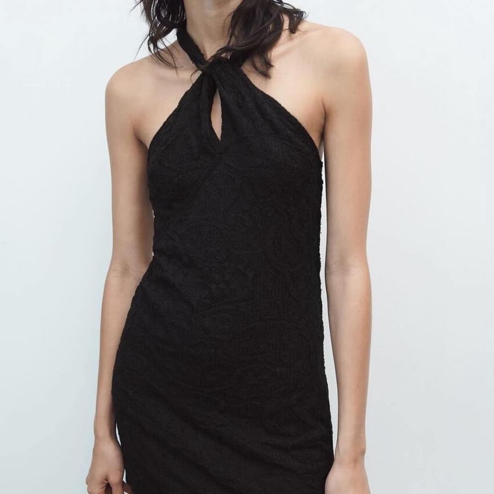 Zara Jacquard Halter Knit Mini Dress in Black Size M